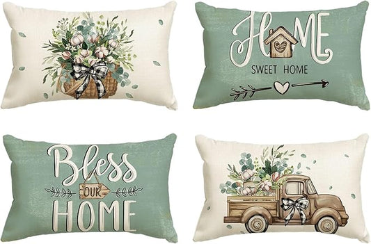 AVOIN colorlife Bless Our Home Farmhouse Eucalyptus Leaves Throw Pillow Covers by AVOINcolorlife