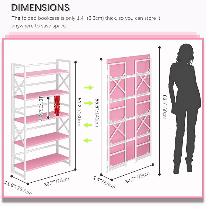 4NM Extra Wide 5 Tiers No Assembly Book Shelves, 51.2" H Folding Bookshelf - Image 2