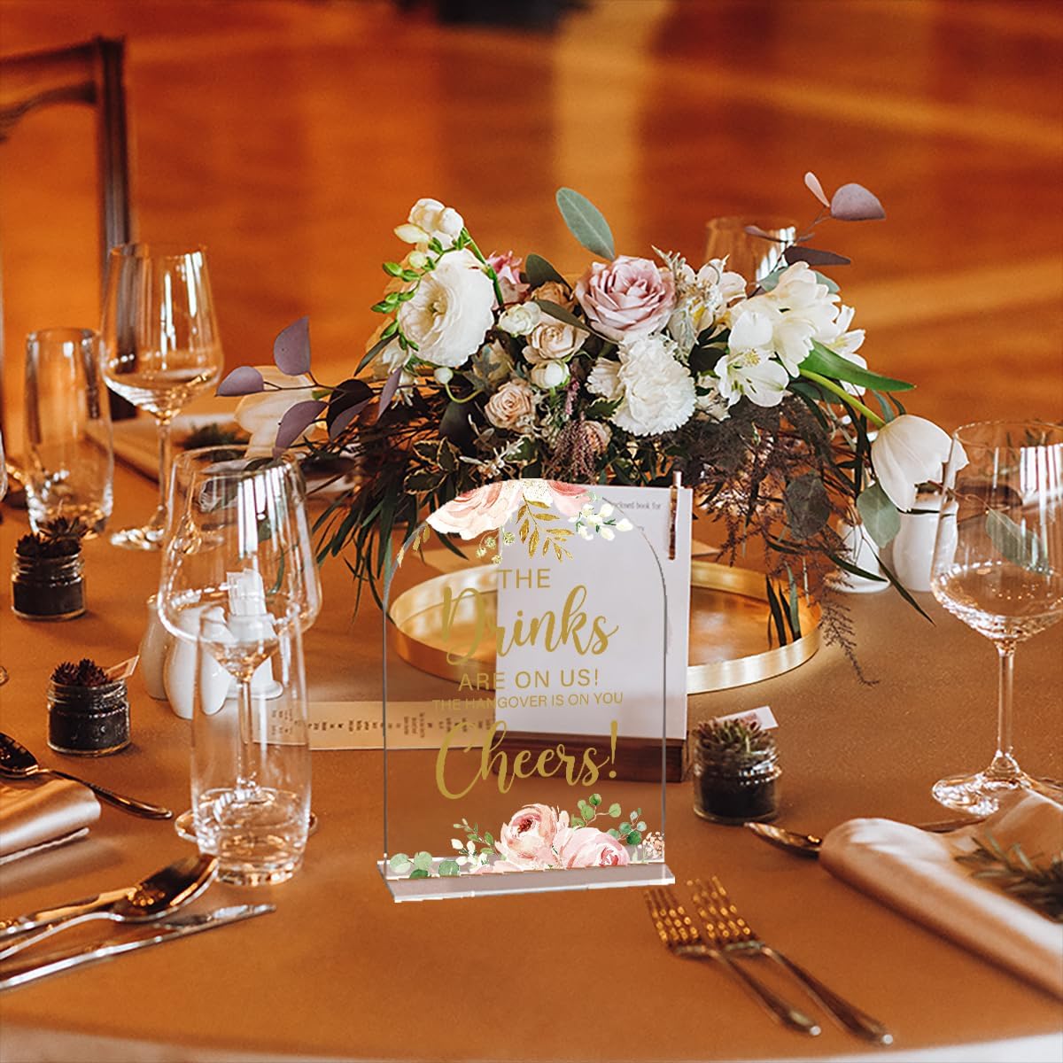 Acrylic Wedding Signs, Bridal Shower Decorations, The Drinks Signs for Reception, Modern Calligraphy Arch Acrylic Table Top Sign for Wedding Reception and Engagement Parties (Clear Pink Flowers)