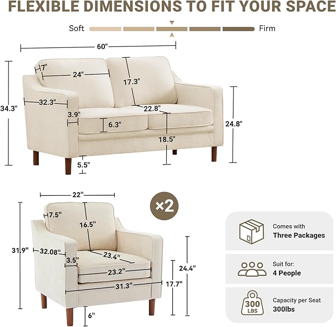Kingfun Living Room Furniture Sets, 2 Armchair and Loveseat, Mid Century Modern - Image 2