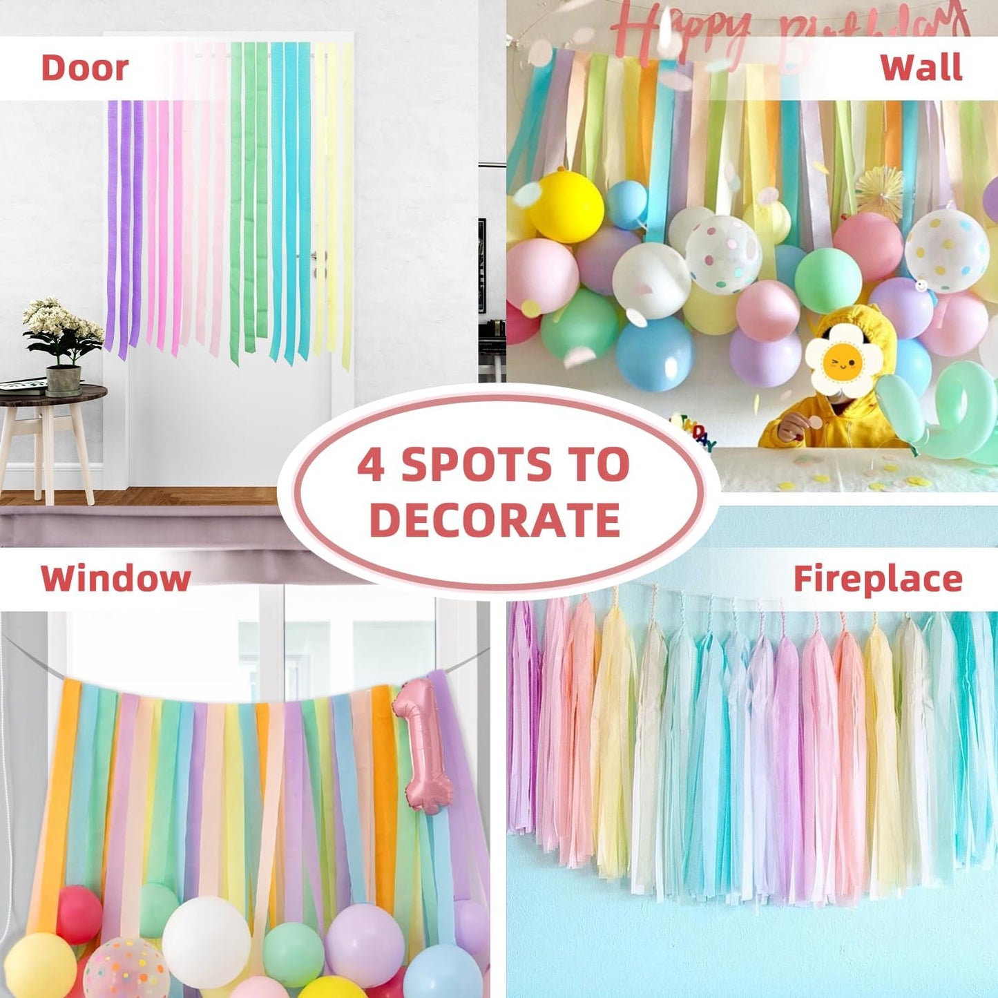 Crepe Paper Streamers, 8 Rolls 656ft Party Streamers, Pack of 8 Pastel Colors Crepe Paper for Kids Girls Birthday Party Supplies Wedding Bridal Baby Shower Decorations (1.8Inch x 82Ft/Roll)
