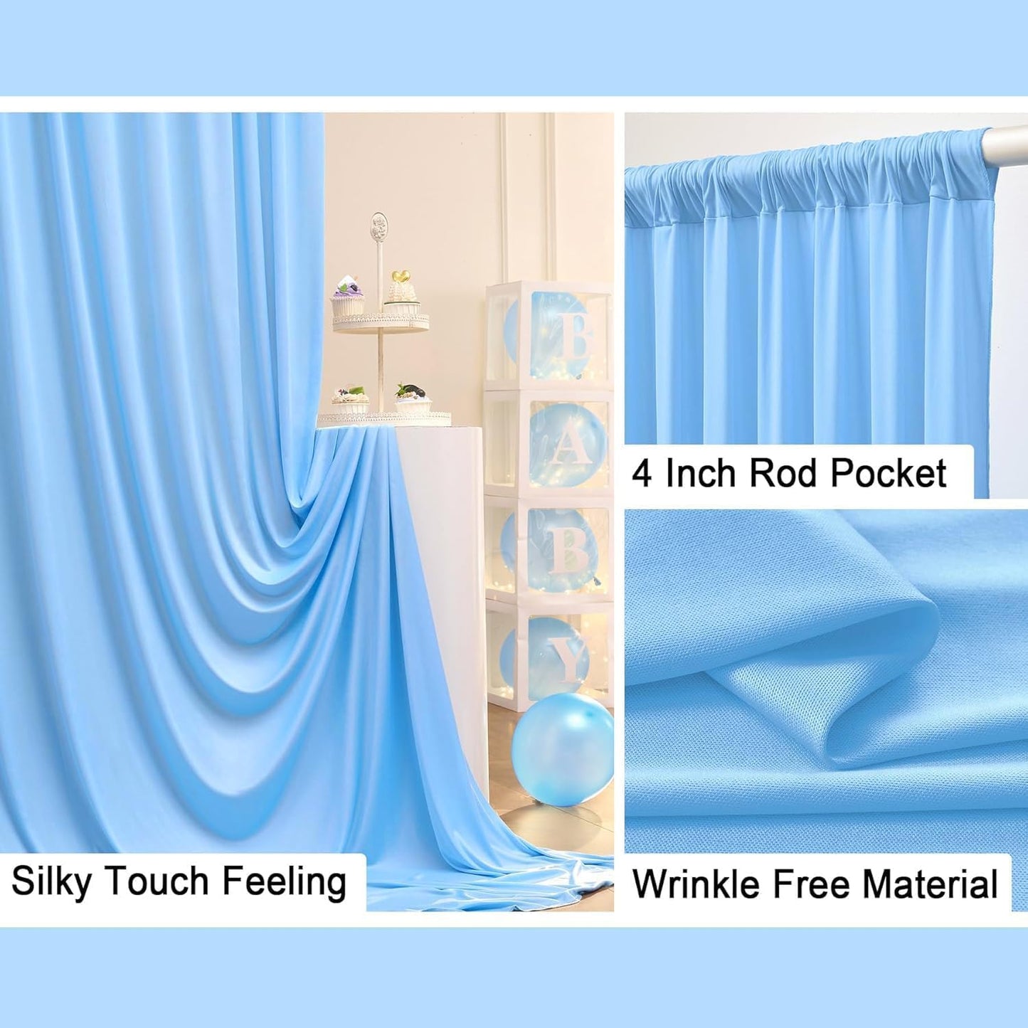 50 ft x 10 ft Wrinkle Free Blue Backdrop Curtain Panels, Polyester Photography Backdrop Drapes, Wedding Party Home Decoration Supplies