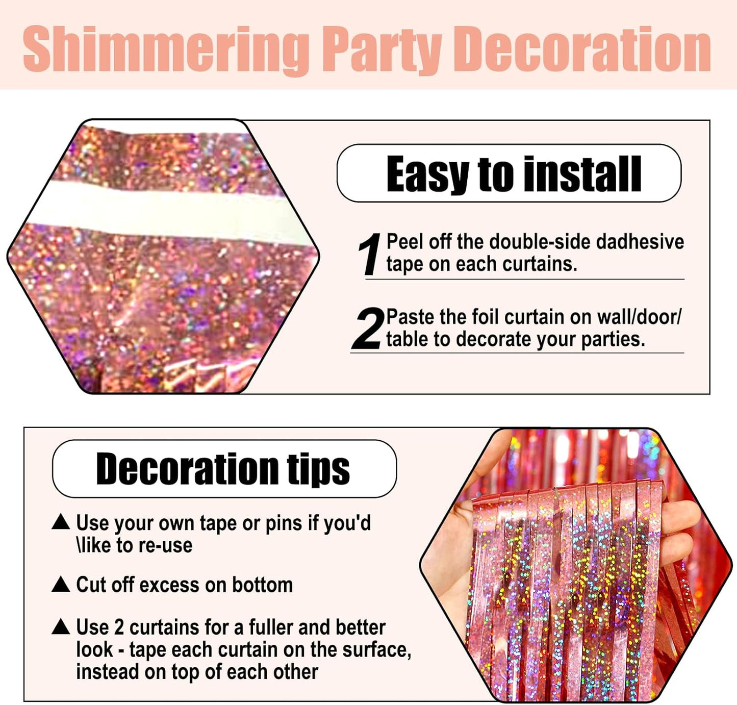 3 Pack Rose Gold Foil Fringe Curtain Backdrop, 3.28Ft x 8.2Ft Metallic Tinsel Foil Fringe Streamer Curtains for Photo Booth, Christmas Day, New Year, Wedding Party Decorations