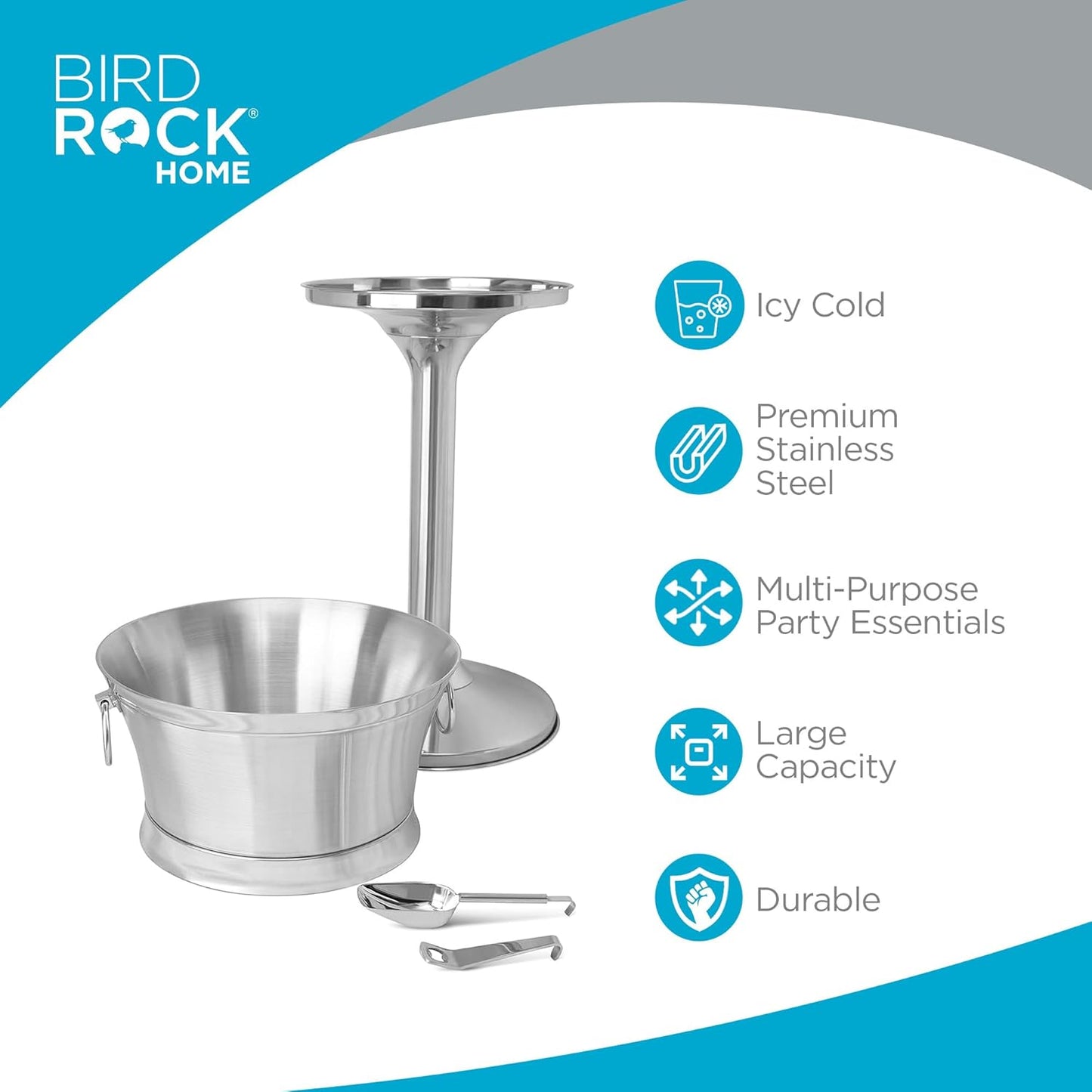 BIRDROCK HOME Metal Beverage Tub w/Stand, Scoop & Bottle Opener - Stainless Steel Double Wall Ice Cooler - Large Drinks, Beer, Wine, Champagne Chiller Buckets w/Holder for Parties - Silver Container