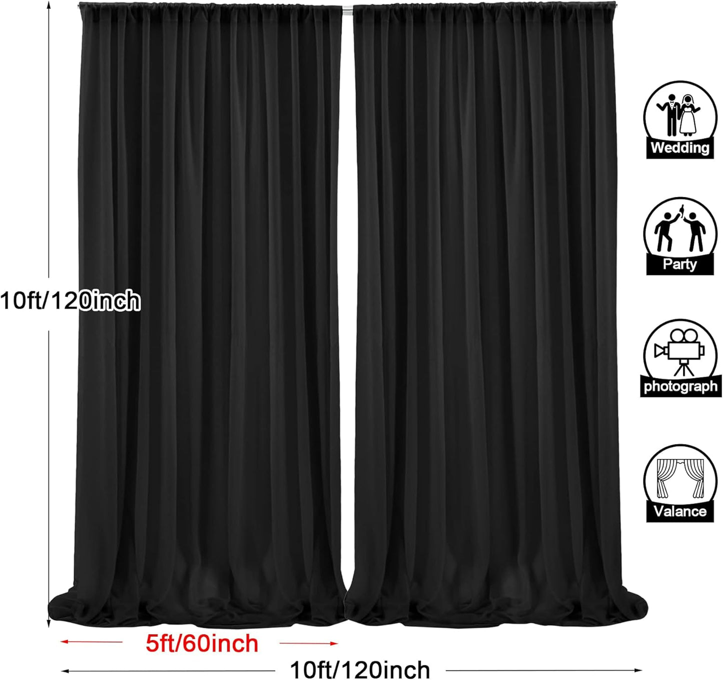 PARTISKY 10ftx10ft Black Chiffon Sheer Backdrop Curtains, Wrinkle-Free Wedding Backdrop Drapes for Birthday Party Ceremony Arch Stage Decor Background for Photography 5ft x 10ft,2 Panels