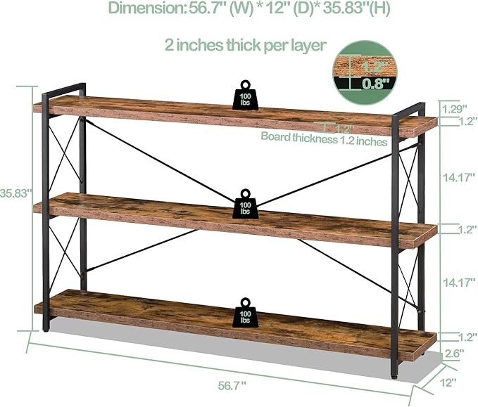 HCHQHS Bookshelf, 3-Tier Long Industrial Bookcase, Rustic Open Book Shelf - Image 3