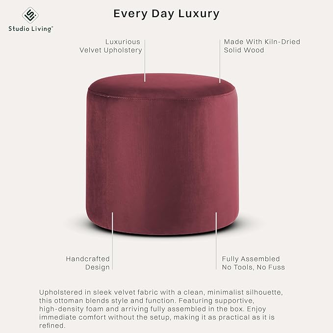 Studio Living® 19” Wentworth Ottoman Round Soft Velvet Bench, Stationary - Image 4