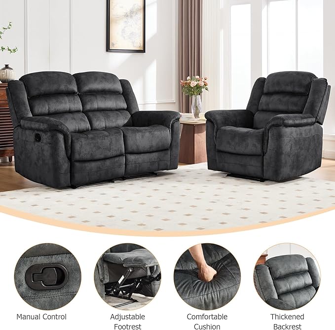EBELLO 2 Pieces Reclining Loveseat Couch Furniture Set, Soft Fabric Manual - Image 3
