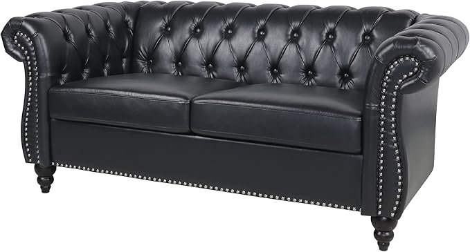 LEVNARY Leather Sofa, Chesterfield Tufted Upholstered 2 Seater Couch, Modern - Image 4
