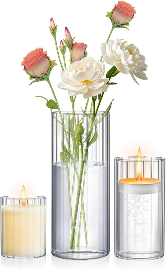 3 Pack Ribbed Glass Cylinder Vases 4,6,10 Inch Tall Clear Flower Vase Hurricane Floating Candle Holder for Table Centerpiece Wedding Home Decor