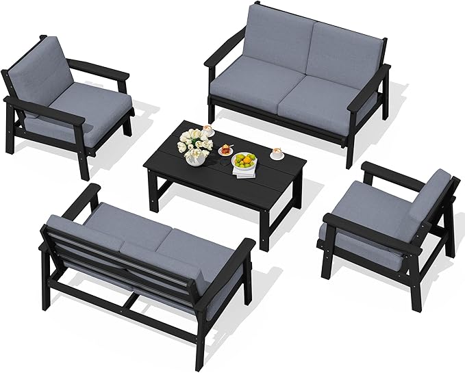 SERWALL HDPE Patio Furniture Set, 5 Piece All Weather Wood-Like Sectional by SERWALL