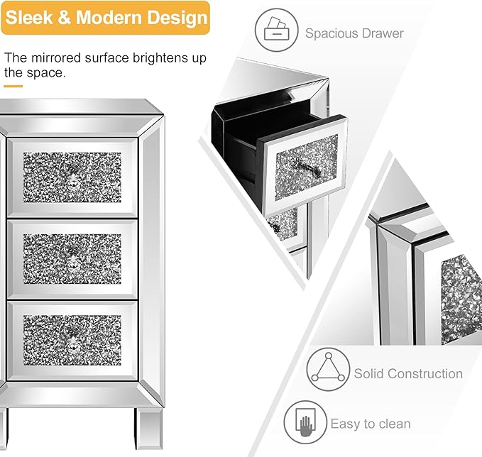 VINGLI 3-Drawer Mirrored Nightstand Bedside Table Glass Accent End Table - Image 3