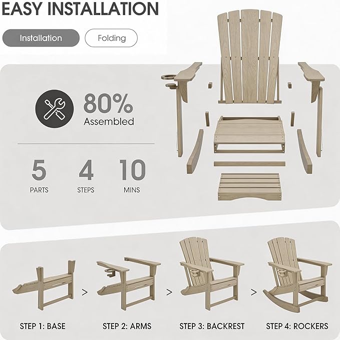 Adirondack Rocking Chair with Retractable Ottoman, Outdoor Folding Adirondack - Image 7