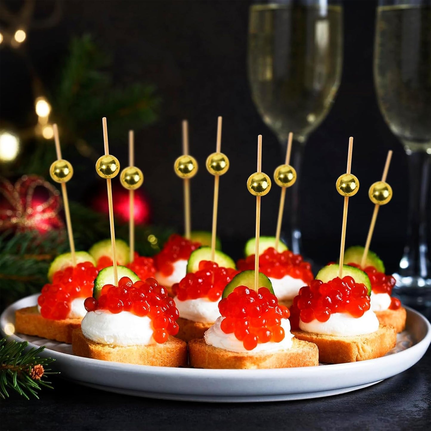 300Pcs Fancy Toothpicks for Appetizers,4.7Inch Gold Pearl Cocktail Picks For Drinks,Bamboo Appetizer Skewers for Charcuterie Boards Accessories,Martini, Sandwich,Desserts,Fruit,Gold Party Decorations