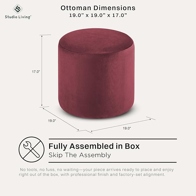 Studio Living® 19” Wentworth Ottoman Round Soft Velvet Bench, Stationary - Image 2