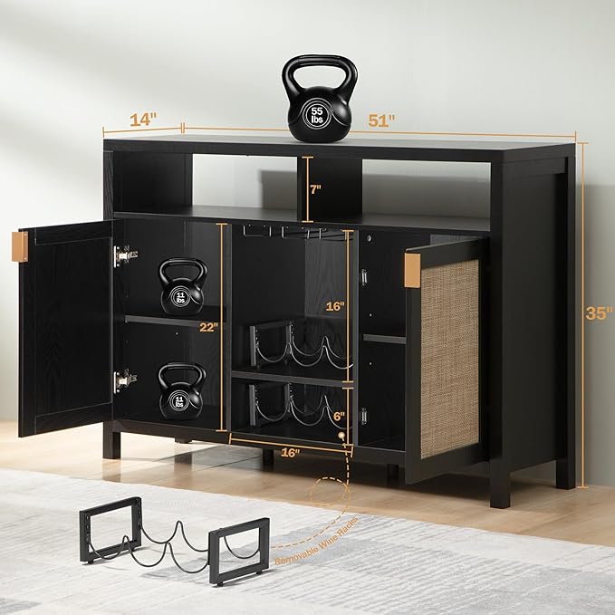 SICOTAS Rattan Coffee Bar Cabinet, Modern Liquor Wine Cabinet Set of 2 Credenza - Image 3
