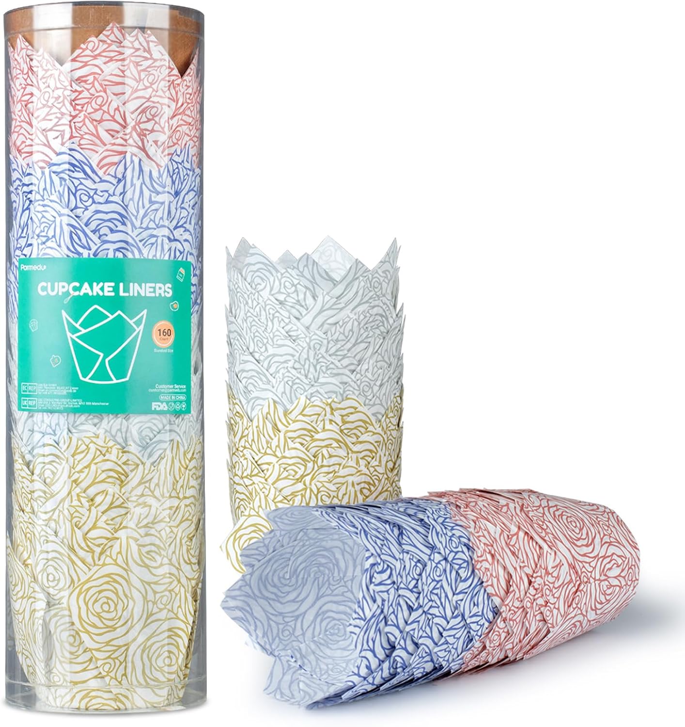 160pcs Tulip Paper Cupcake & Muffin Liners Oil Resistant - Standard Size 4 Colors Rose Pattern Baking Cups Cupcake Wrappers, Model BK010