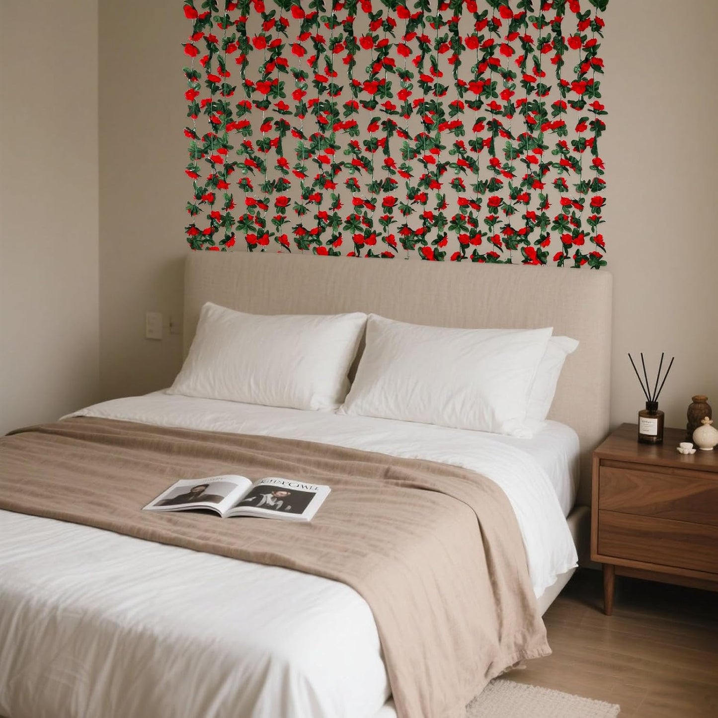 8Pcs 63Ft Red Rose Garland, Fake Rose Hanging Flowers, Artificial Flower Vine, Hanging Floral Vine Garland for Wedding, Birthday Party, Wall Arch, Halloween, Christmas Garden Backdrop Decor