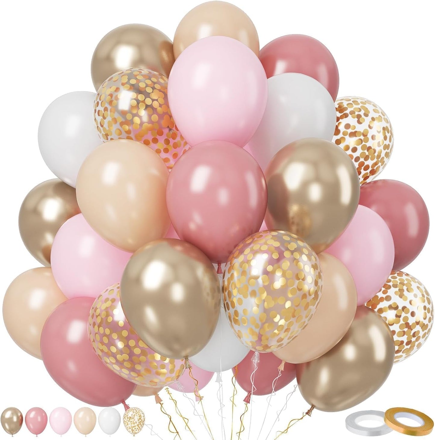 Paready Blush Pink Balloon Set, 50 Pcs Pink and Champagne Gold, 12 Inch Dusty Pastel Pink Apricot Metallic Gold Confetti for Boho Birthday Bridal Shower Bachelorette Party Supplies