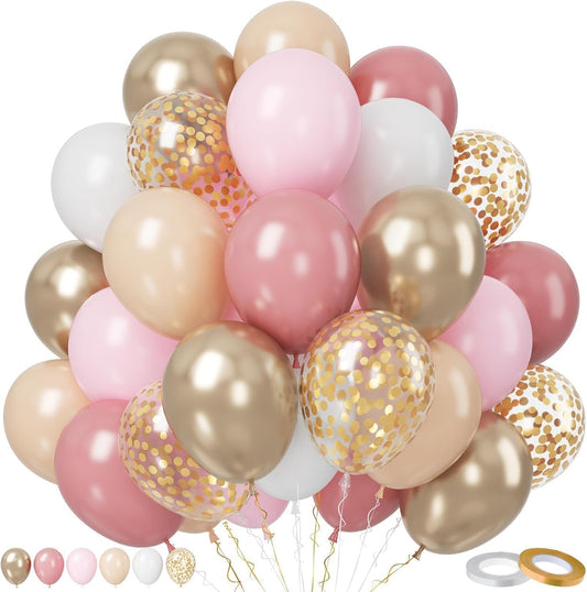 Paready Blush Pink Balloon Set, 50 Pcs Pink and Champagne Gold, 12 Inch Dusty Pastel Pink Apricot Metallic Gold Confetti for Boho Birthday Bridal Shower Bachelorette Party Supplies