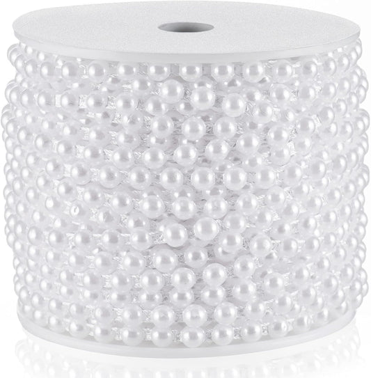 Half-Round Pearl Bead Garland String 27 Yards, 6MM Flat Pearl Beaded Spool Roll Crafts for Wedding Party Decoration(White)