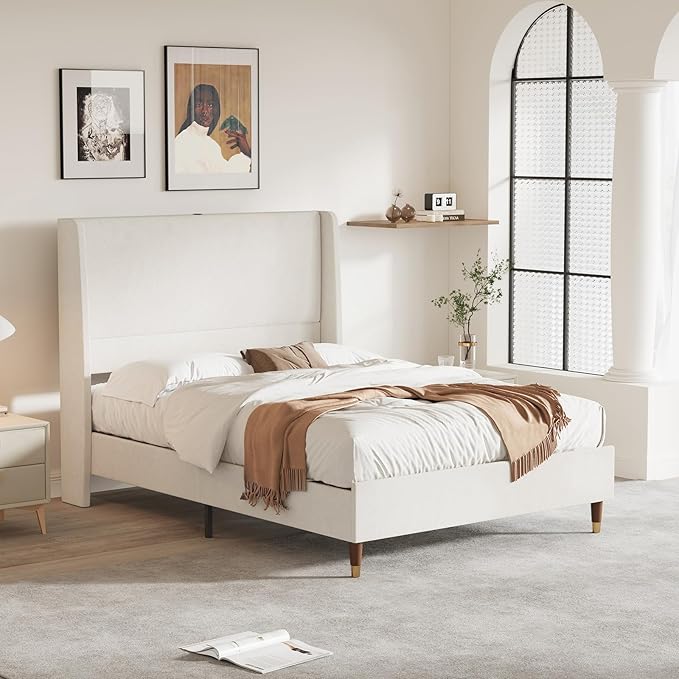 MALOL Full Size Bed Frame with Upholstered Headboard, Linen Fabric Platform Bed - Image 9