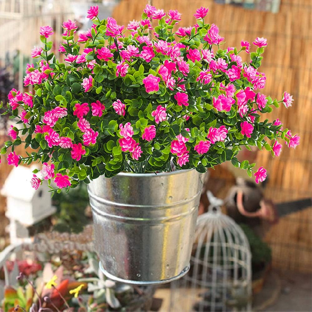 10 Bundles Artificial Fake Flowers, Faux Outdoor Plastic Plants UV Resistant Shrubs Outside Indoor Decorations (Pink-Eucalyptus)