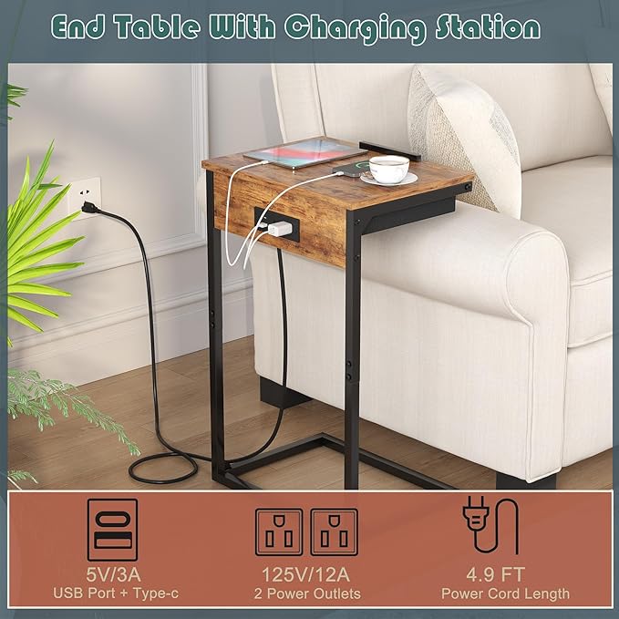 sthmec C Shaped End Table with Charging Station, 45° Tiltable Adjustable Flip - Image 5