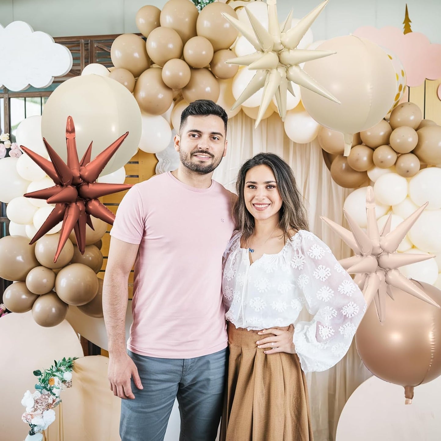 6Pcs Sand White Brown Foil Balloons,22Inch Cream Beige 4D Round Ball Balloon and Explosion Star Balloon for Birthday Wedding Baby Shower Anniversary Decorations