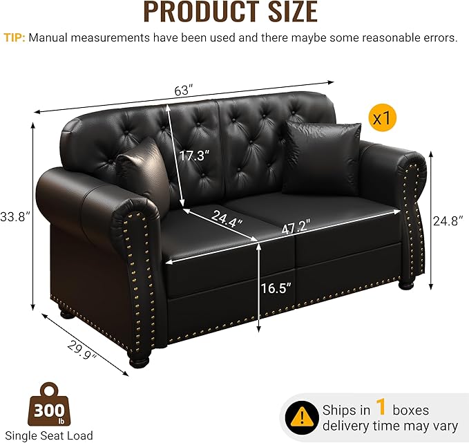 KEIKI 63" Faux Leather Chesterfield Sofa - Image 2