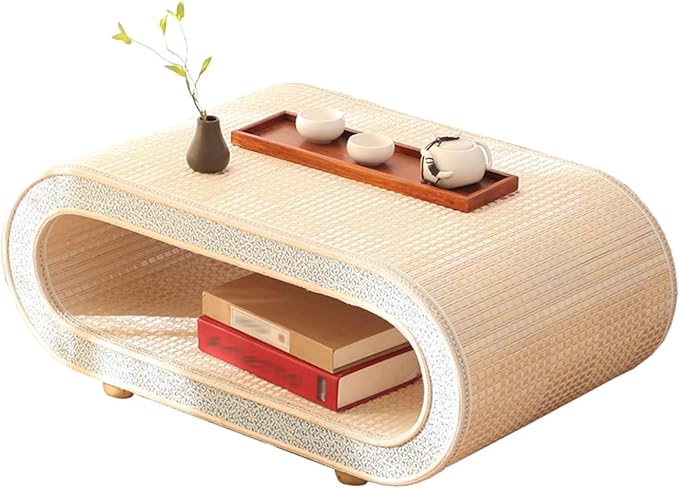 Japanese Floor Table, Curved Wooden Woven Tatami Table, Double Layer Storage by Unknown