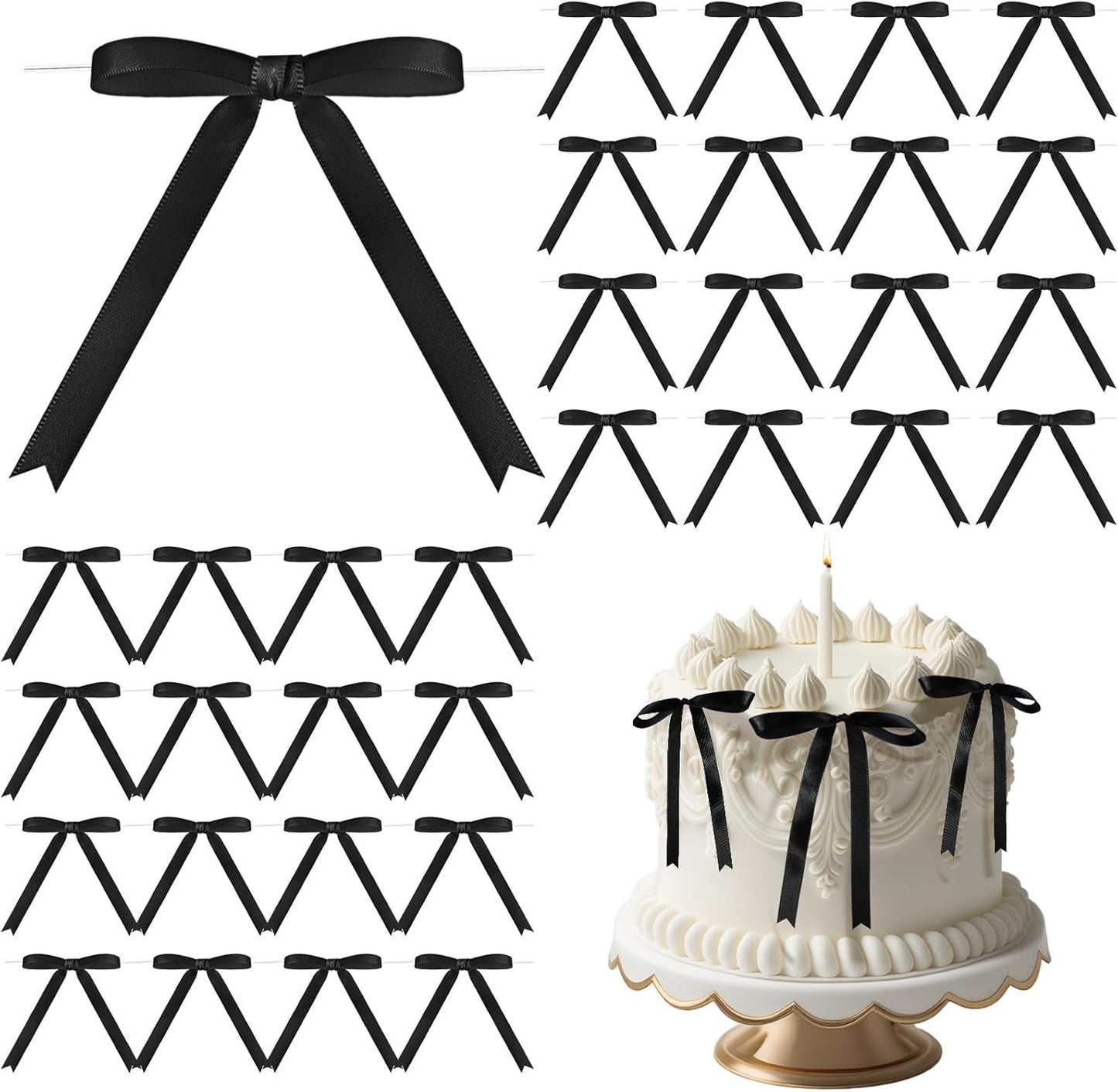 Riceshoot 50 Pcs Twist Tie Bows for Cake 3x4.5 Inch Satin Ribbon Bows for Gift Wrapping Treat Bags Craft DIY Wedding Baby Shower Birthday Party(Black)