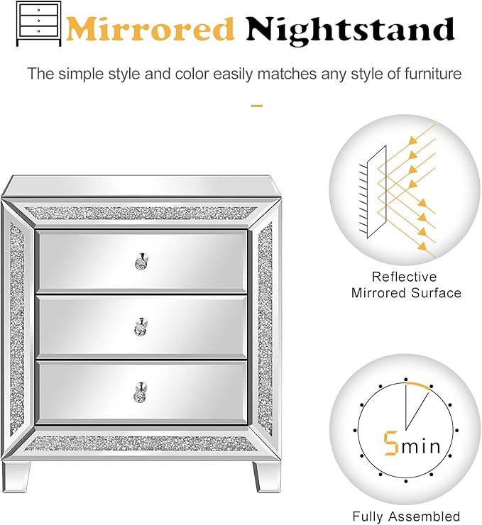VINGLI Mirrored Nightstands Set of 2, Modern Bedside Table 3 Drawer Glass Side - Image 5