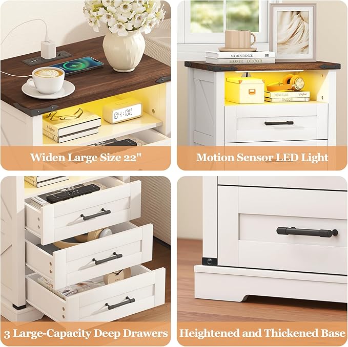 Turosur Night Stand with Charging Station 22" Large Farmhouse Nightstands with - Image 6