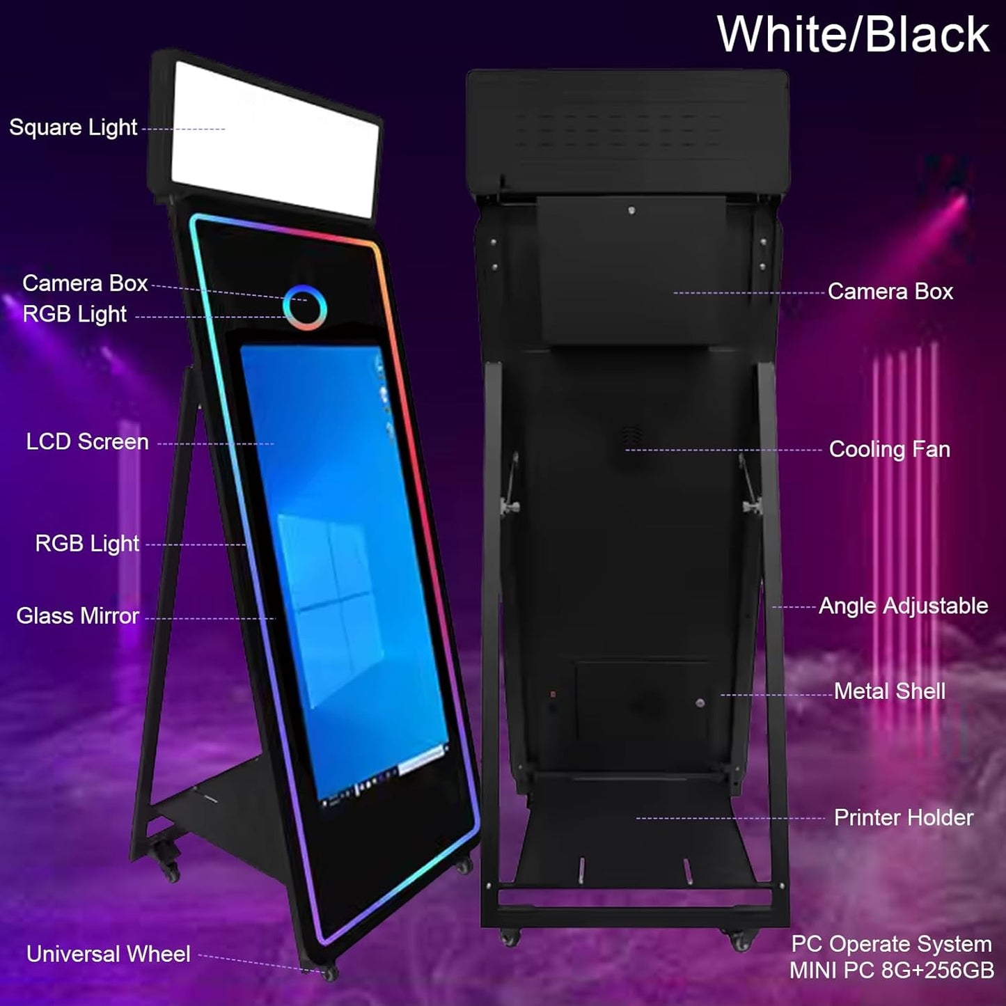 65''Magic Mirror Photo Booth Machine,Mirror Photo Booth 43''Touch Screen,Photo Booth with Flight Case,App Control,RGB Light for Wedding Party Events (Black, Machine)