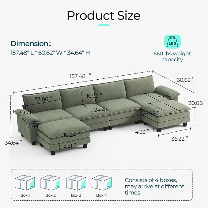 LINSY HOME 157" Modular U-Shaped Sectional Sofa, 4-Seat Corduroy Modern Cloud - Image 2