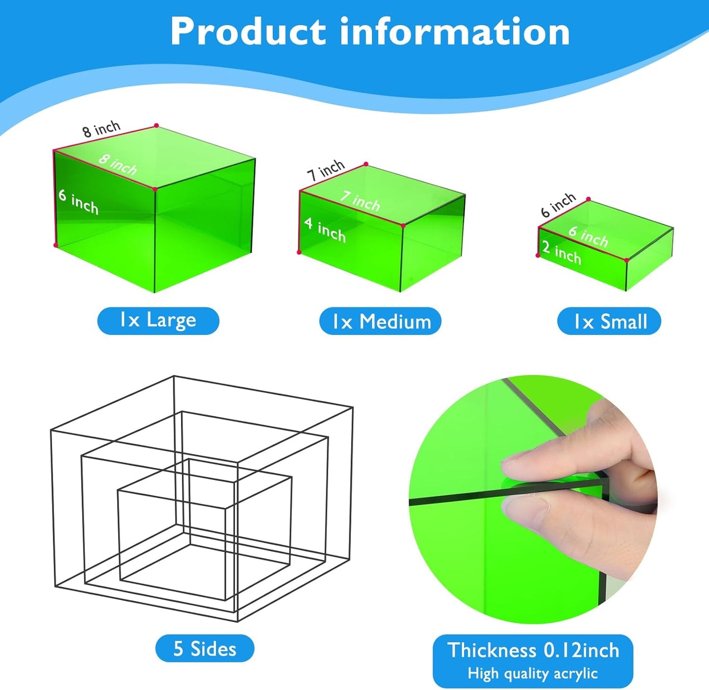 Green Buffet Risers 3 Pcs Acrylic Boxes Display Risers for Buffet Table Parties Weddings Catering & Collectibles (6''x7''x8'')