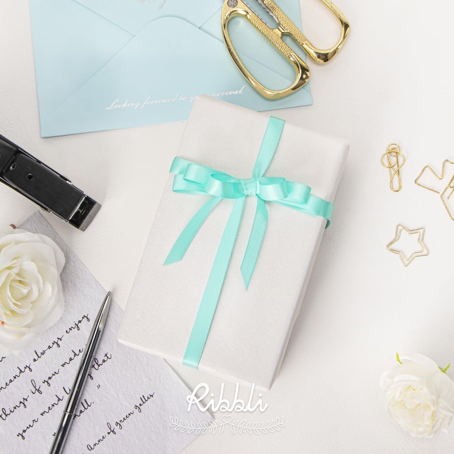 Ribbli Double Faced Aqua Blue Satin Ribbon,3/8” x Continuous 25 Yards,Use for Bows Bouquet,Gift Wrapping,Floral Arrangement