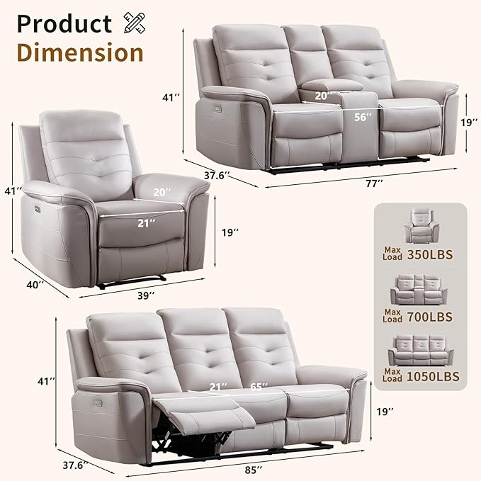 ANJ Power Oversized Reclining Sofa Couch, Breathable Faux Leather 3-Seater - Image 2