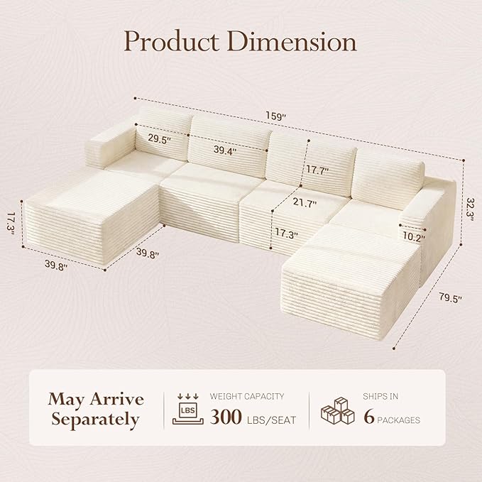 Vesgantti 159" Large Modular Sectional Sofa, U-Shaped Corduroy Cloud Couch - Image 2