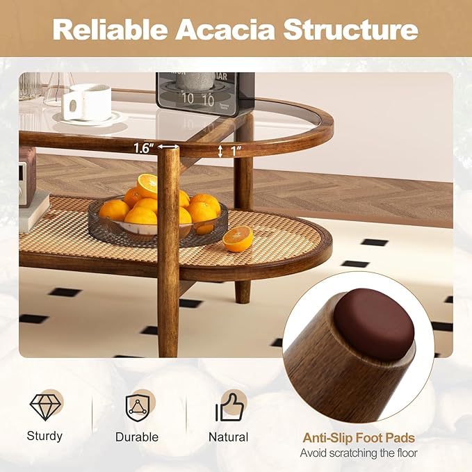 Giantex Rattan Coffee Table, 2-Tier Oval Acacia Wood Tea Table w/Tempered Glass - Image 3