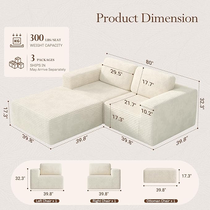 Vesgantti 80" Modular Sectional Sofa, Corduroy Cloud Couch - Image 2