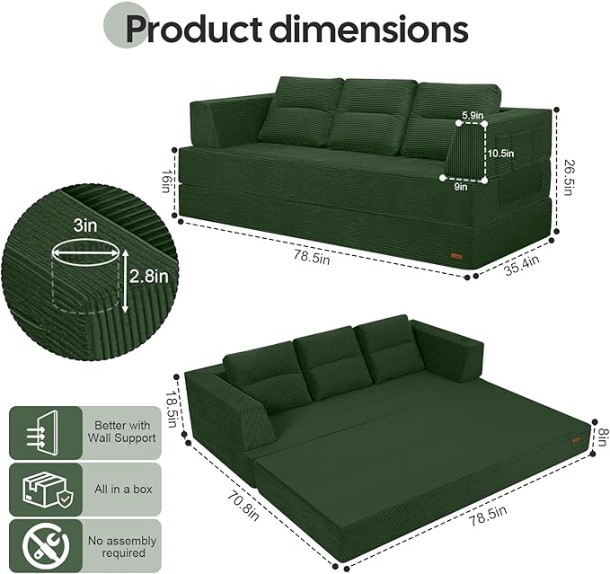 COMAX Futon Sofa Bed Queen, 4 in 1 Folding Boneless Sleeper Corduroy Couch - Image 3