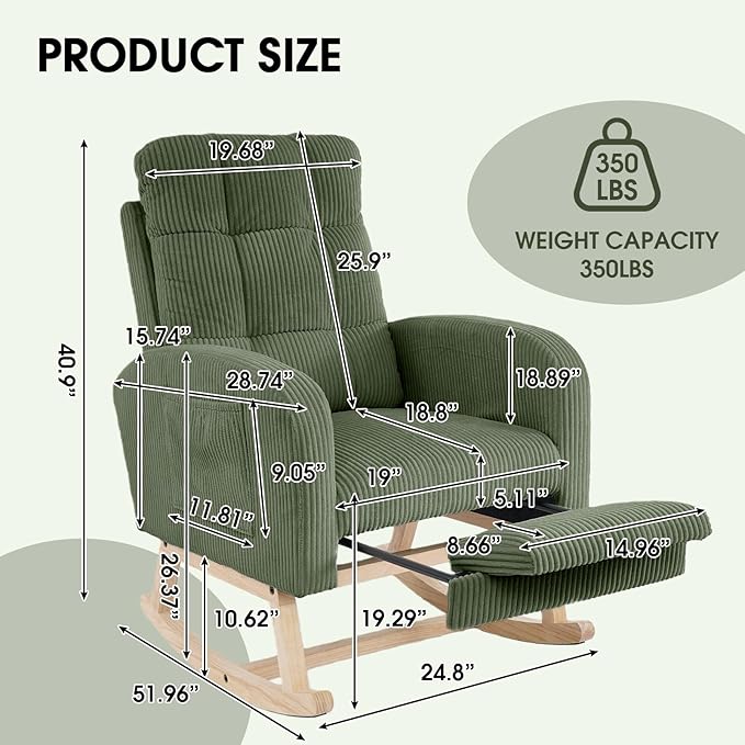 NIOIIKIT Nursery Rocking Chair, Corduroy Upholstered Rocking Chair - Image 2