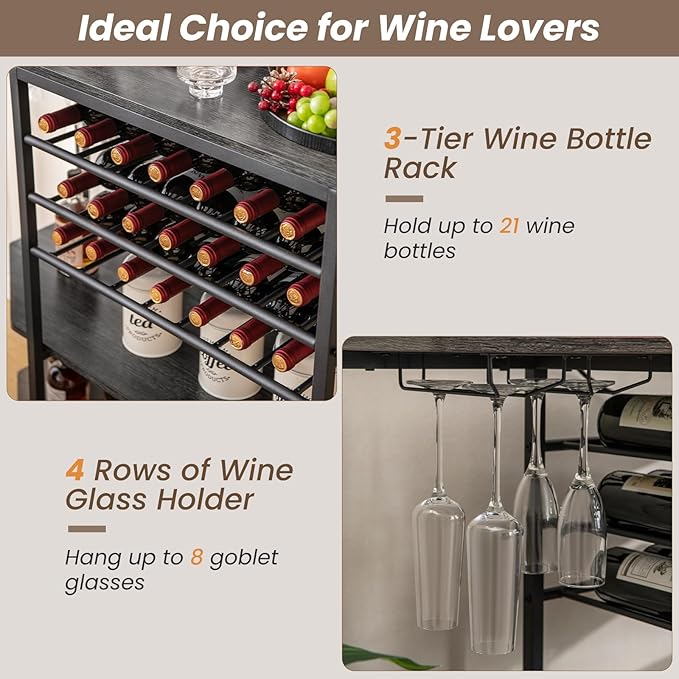 COSTWAY Wine Bar Cabinet, 3-Tier Liquor Cabinet - Image 5