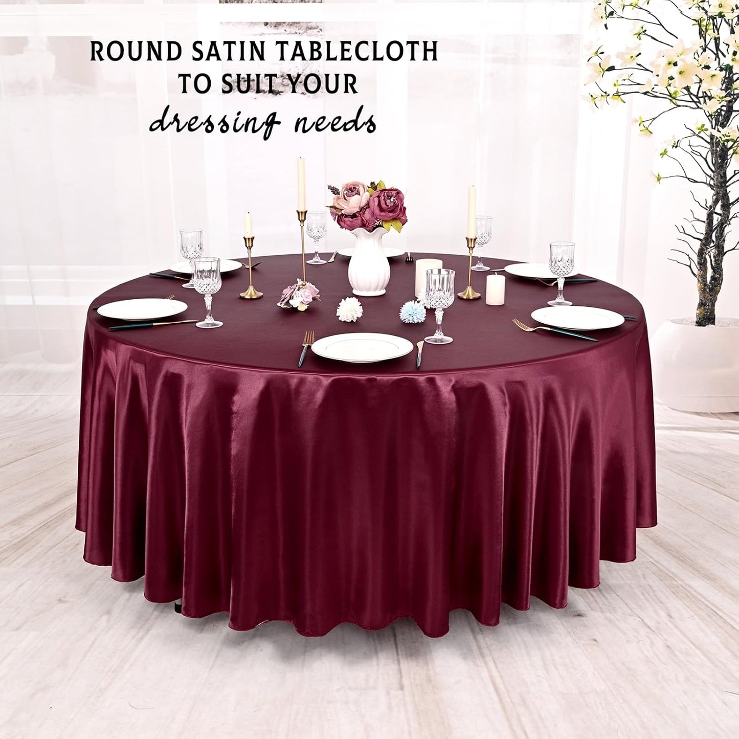 10 Packs Satin Tablecloth 120 Inch Burgundy Round Table Cloth Silk Tablecloth Smooth Fabric Overlay Satin Table Cover Decoration for Wedding Party Banquet Events