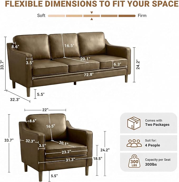 Kingfun Living Room Furniture Sets, 3 Seater Couch and Armchair, Mid Century - Image 2