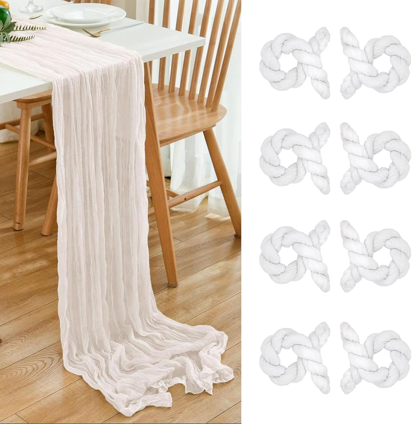 8 Pack 10Ft Cheesecloth Table Runner 35x120 inch White Boho Gauze Long Table Cloth Wrinkled Sheer for Wedding Bridal Shower Birthday Party Table Decor