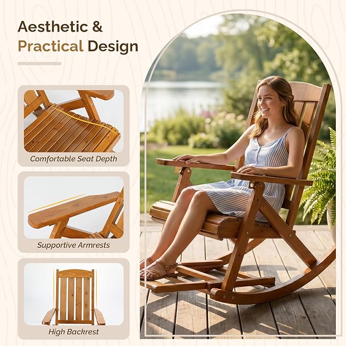 VINGLI Wooden Porch Rocking Chair, Heavy Duty Outdoor Rocking Chair - Image 4