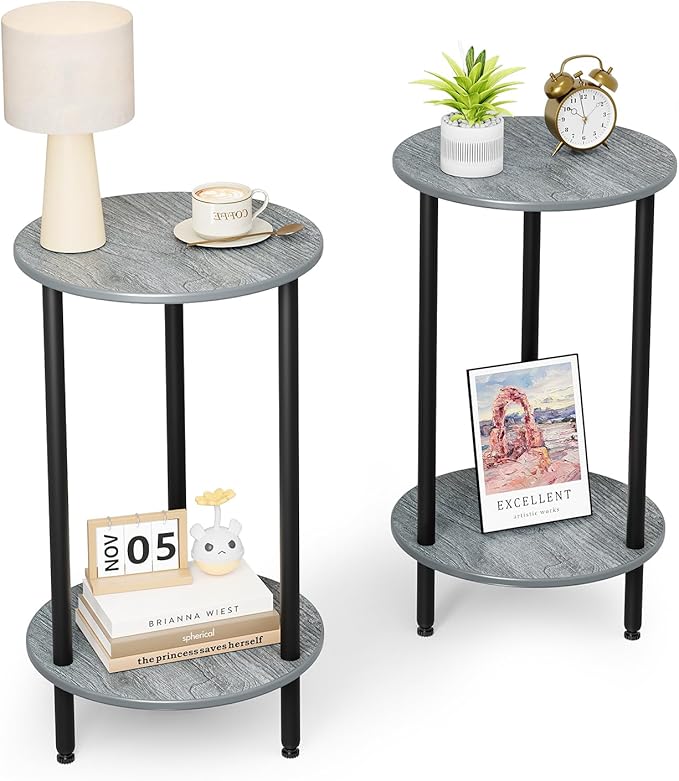 Round Side Table Set of 2, 2-Tier Modern Accent Table, Small Bedside Table by BITYODD-HOME